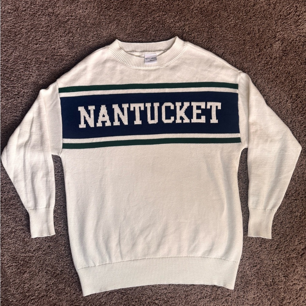 Nantucket Oversized Knit Sweater in Cream with Navy and Green Accents Women’s XS
